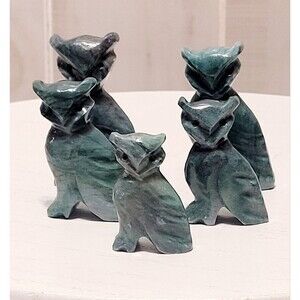 Handcarved Small Owl Figurines Green Stone Set Of 5